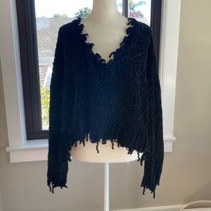 Distressed Chenille Black V neck Cropped Sweater